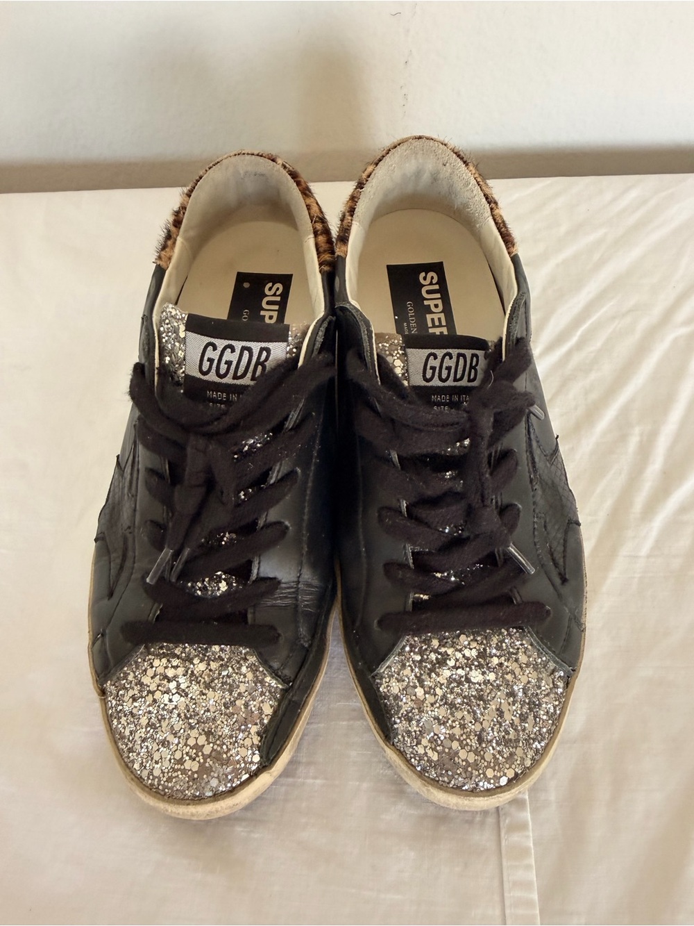 Golden Goose Private Edition Black Leather Sneakers with Silver Glitter Toe